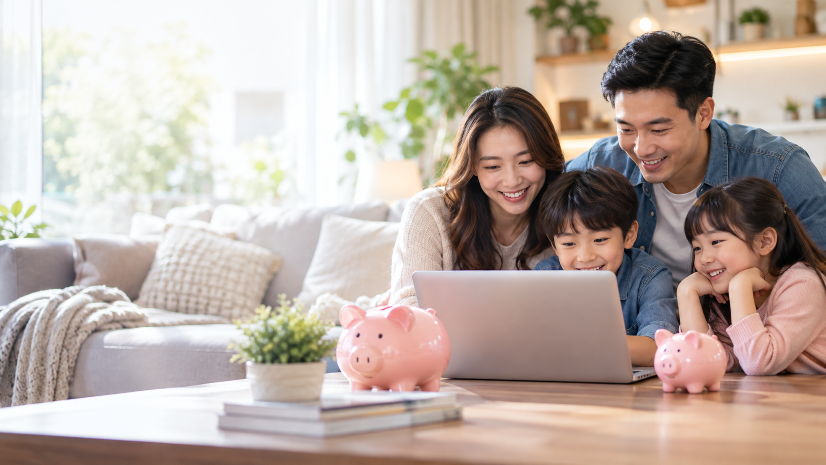 Family enjoying home internet together with pink piggy banks representing savings