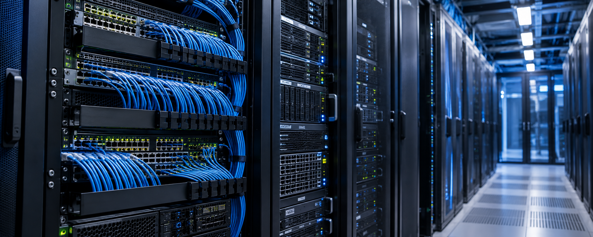 Network switches and server racks with organized blue cables